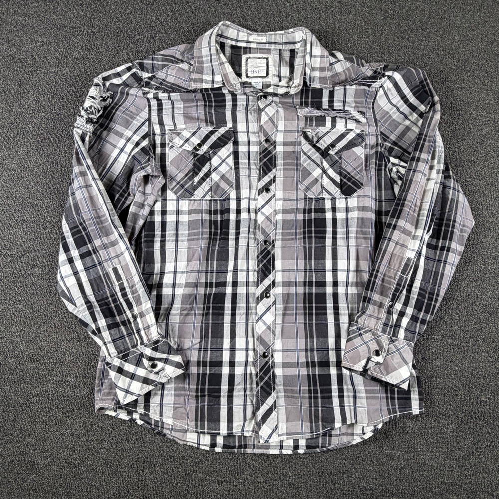 BKE Shirt Mens L Athletic Fit Black Grey White Plaid Distressed EUC